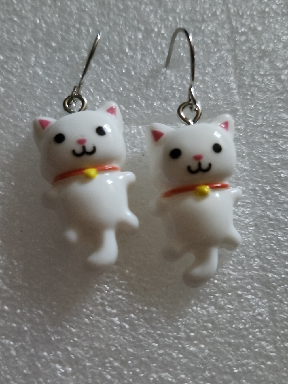 Hand Crafted White Cat Earrings with Pink and Yellow Details